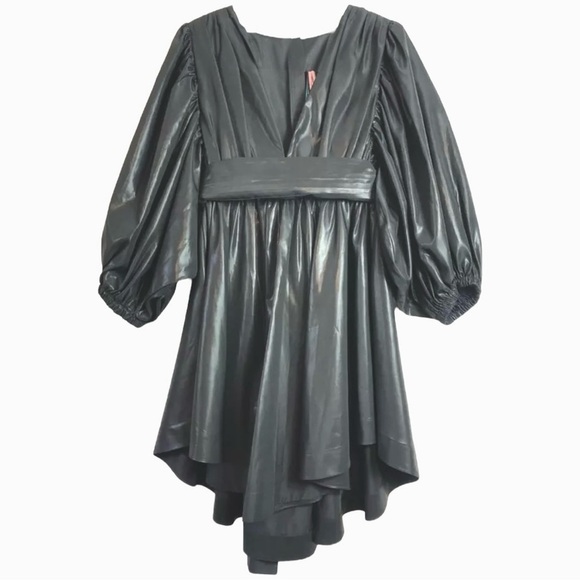 MSGM Satin High Shine Faux Wrap Asymmetrical  Puff Sleeve Bow Tie Mini Dress NEW - Picture 12 of 16